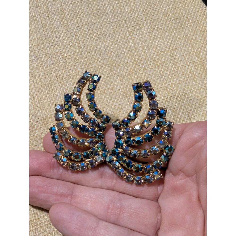 Vintage ALICE CAVINESS Peacock Blue Green AB Rhinestone Wing Clip-On Earrings